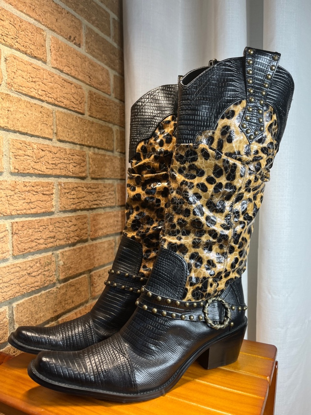 J. Renee Montana Leopard Print Cowboy Boots Studded Western Tall Boots Size 7